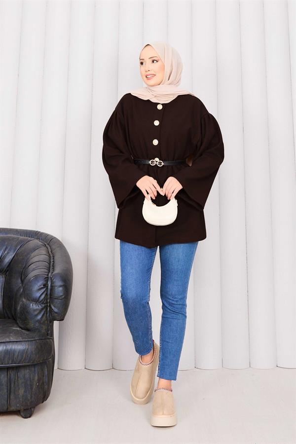 Gold Buttoned Waist Pleated Cashmere Coat Brown