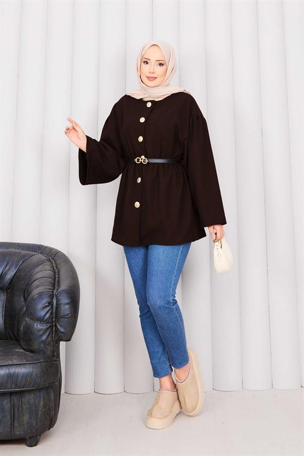 Gold Buttoned Waist Pleated Cashmere Coat Brown