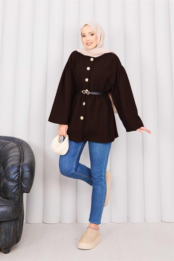 Gold Buttoned Waist Pleated Cashmere Coat Brown