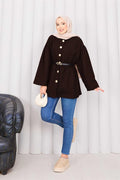 Gold Buttoned Waist Pleated Cashmere Coat Brown