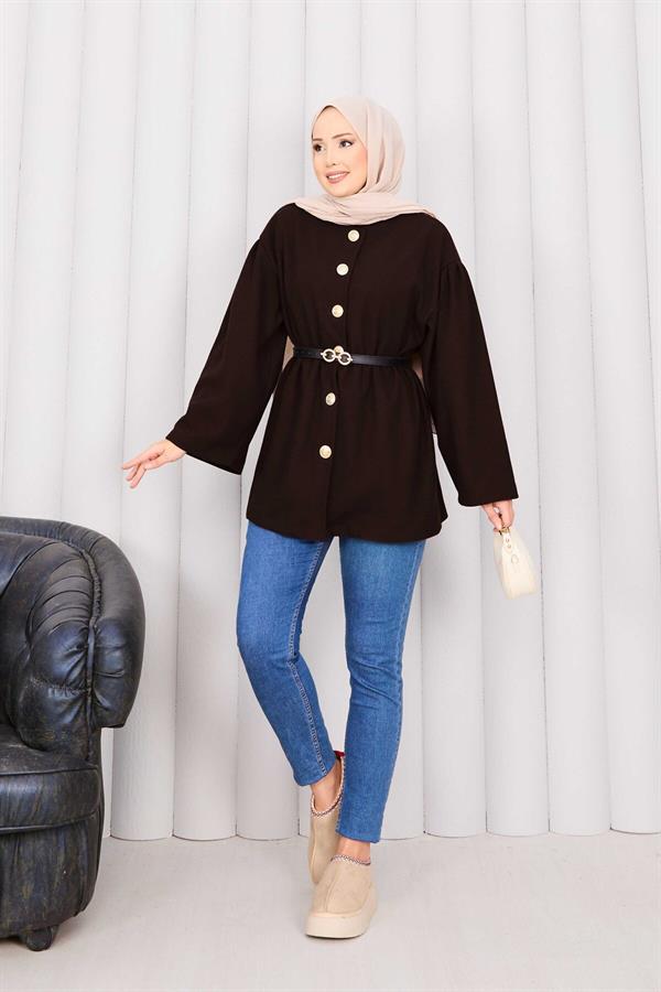 Gold Buttoned Waist Pleated Cashmere Coat Brown