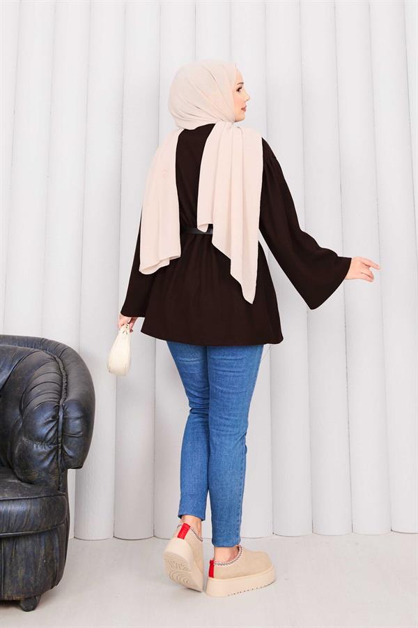 Gold Buttoned Waist Pleated Cashmere Coat Brown