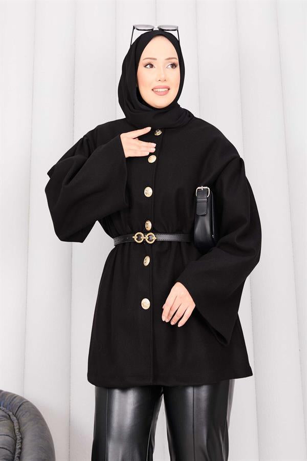 Gold Buttoned Waist Pleated Cashmere Cape Black