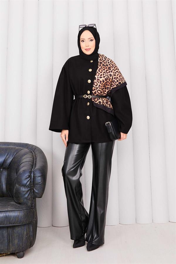 Gold Buttoned Waist Pleated Cashmere Cape Black