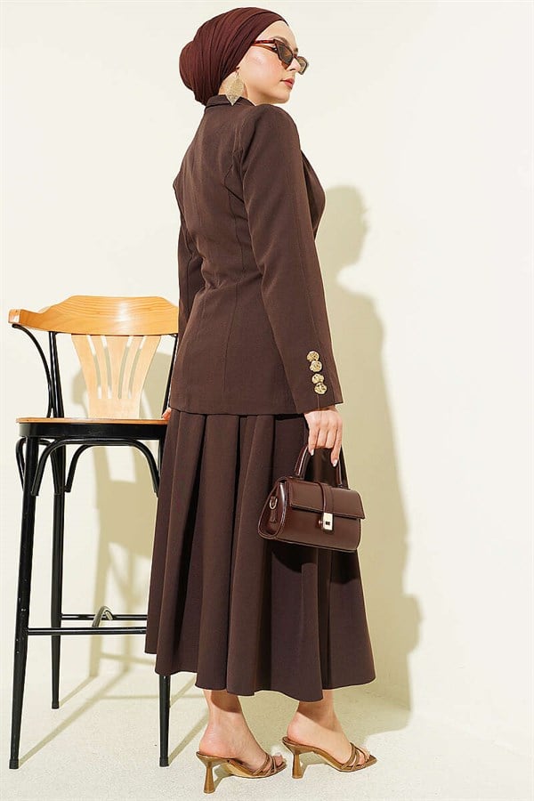 Gold Buttoned Blazer Jacket and 2 Piece Set in Coffee Brown