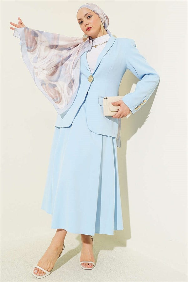 Gold Buttoned Blazer Suit 2 Piece Set Jacket and Skirt 2 Piece Set, Baby Blue