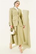 Gold Buttoned Blazer Suit 2 Piece Set Jacket and Skirt 2 Piece Set in Light Green