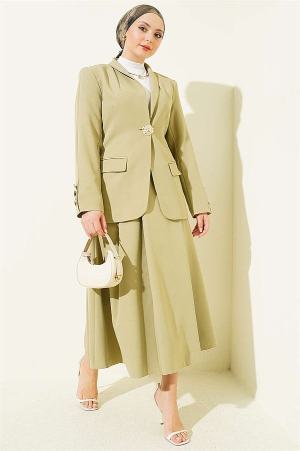 Gold Buttoned Blazer Suit 2 Piece Set Jacket and Skirt 2 Piece Set in Light Green