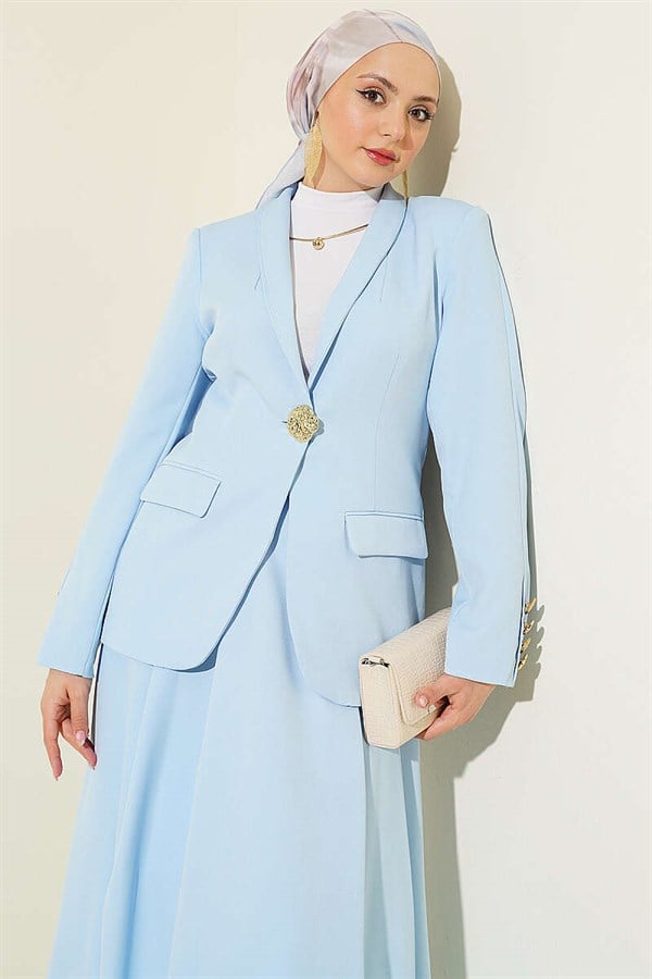 Gold Buttoned Blazer Suit 2 Piece Set Jacket and Skirt 2 Piece Set, Baby Blue