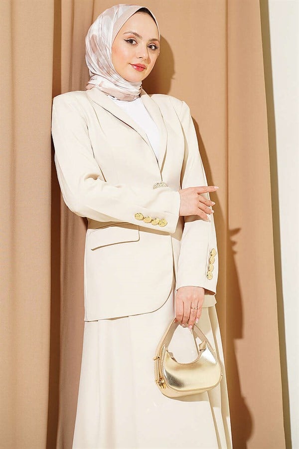 Gold Buttoned Blazer Jacket and 2 Piece Set in Beige