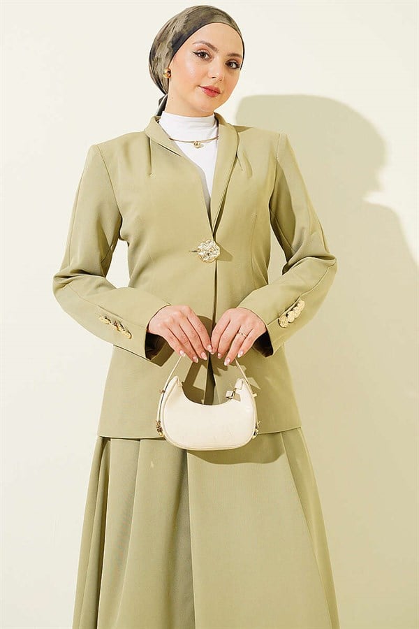 Gold Buttoned Blazer Suit 2 Piece Set Jacket and Skirt 2 Piece Set in Light Green