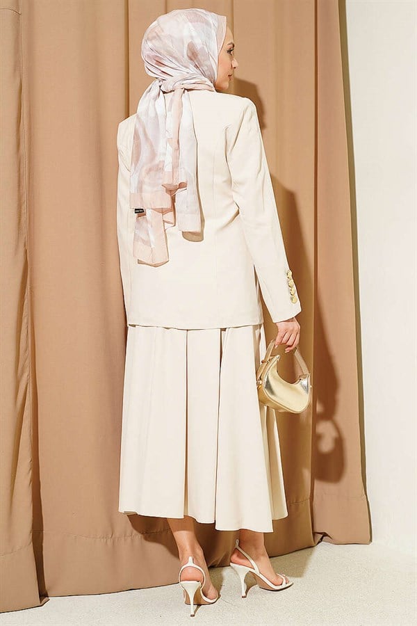 Gold Buttoned Blazer Jacket and 2 Piece Set in Beige