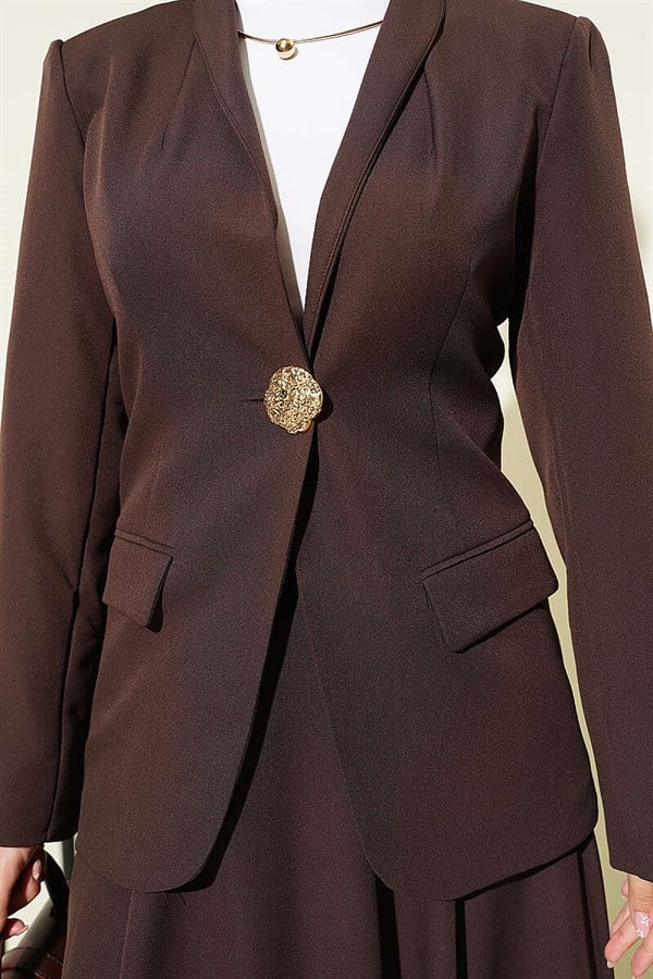 Gold Buttoned Blazer Jacket and 2 Piece Set in Coffee Brown
