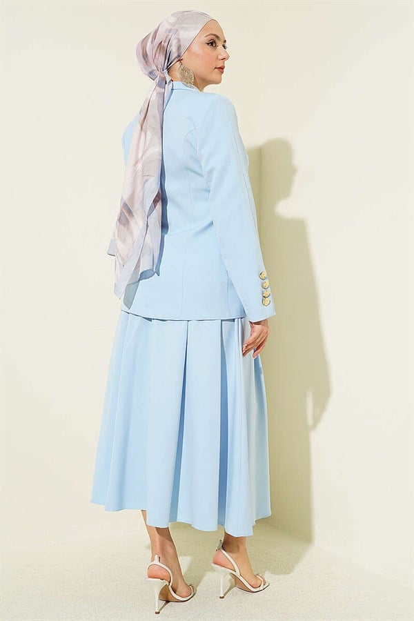 Gold Buttoned Blazer Suit 2 Piece Set Jacket and Skirt 2 Piece Set, Baby Blue