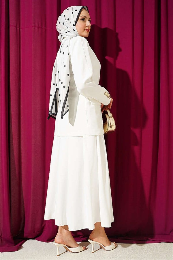 Gold Buttoned Blazer Jacket and 2 Piece Set in White