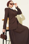 Gold Buttoned Blazer Jacket and 2 Piece Set in Coffee Brown