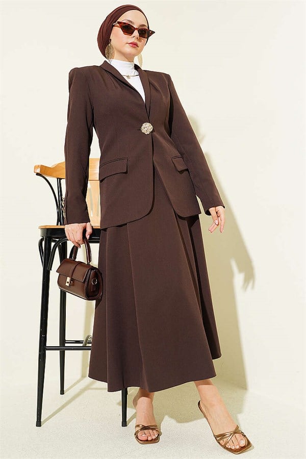 Gold Buttoned Blazer Jacket and 2 Piece Set in Coffee Brown