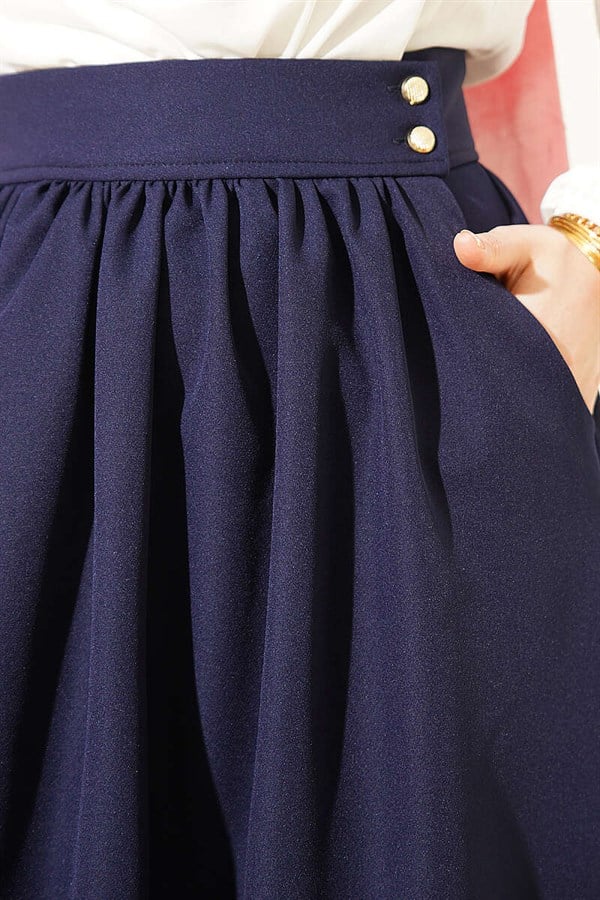 Navy Blue Double Skirt with Gold Buttons and Pockets