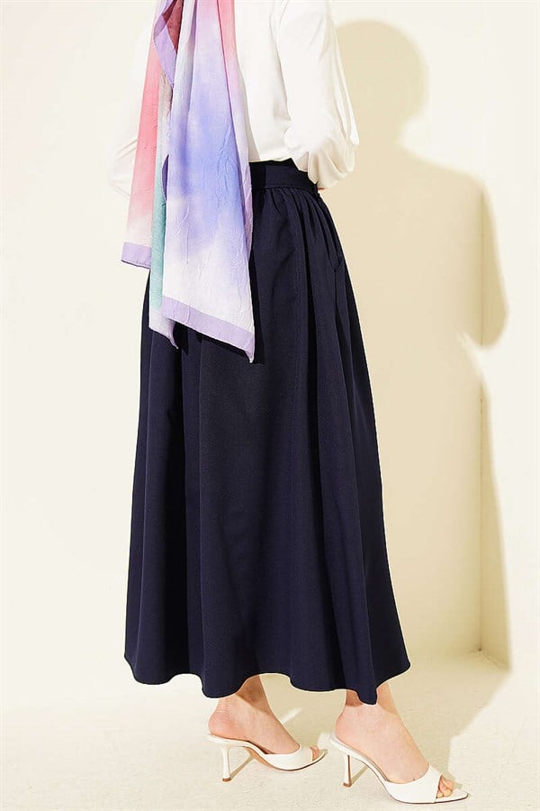 Navy Blue Double Skirt with Gold Buttons and Pockets