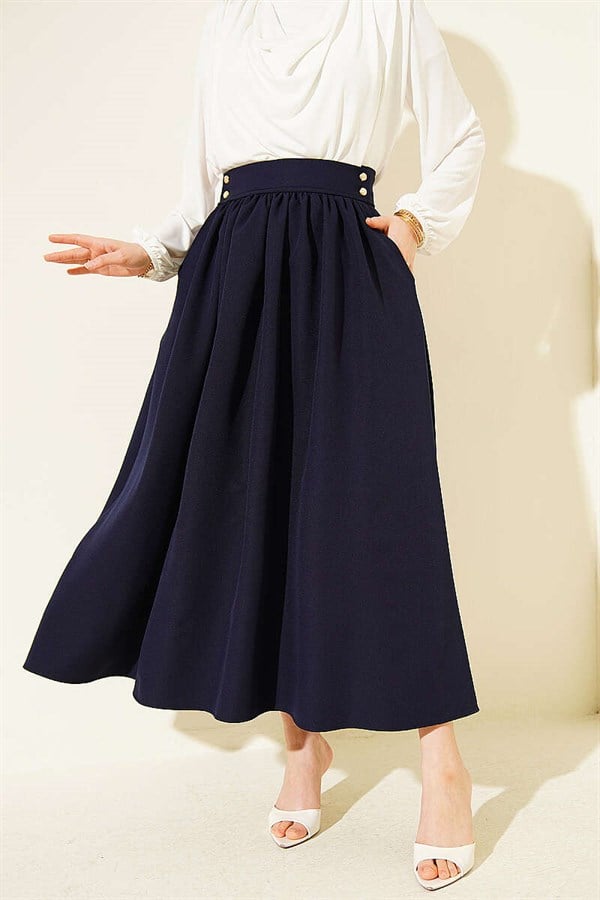 Navy Blue Double Skirt with Gold Buttons and Pockets