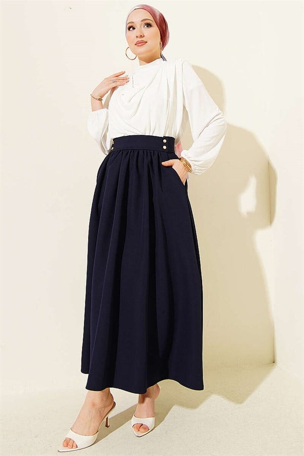 Navy Blue Double Skirt with Gold Buttons and Pockets