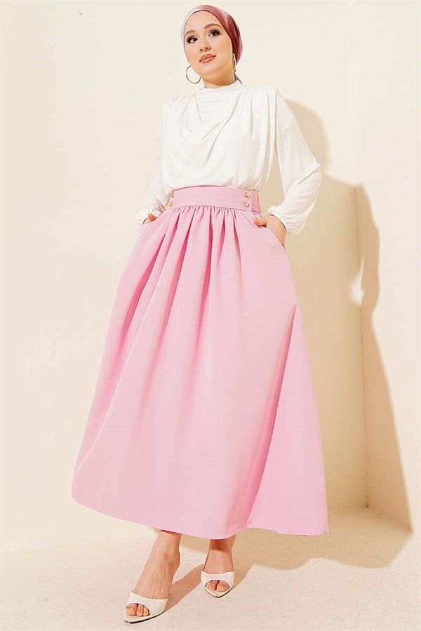 Pink Double Skirt with Gold Buttons and Pockets