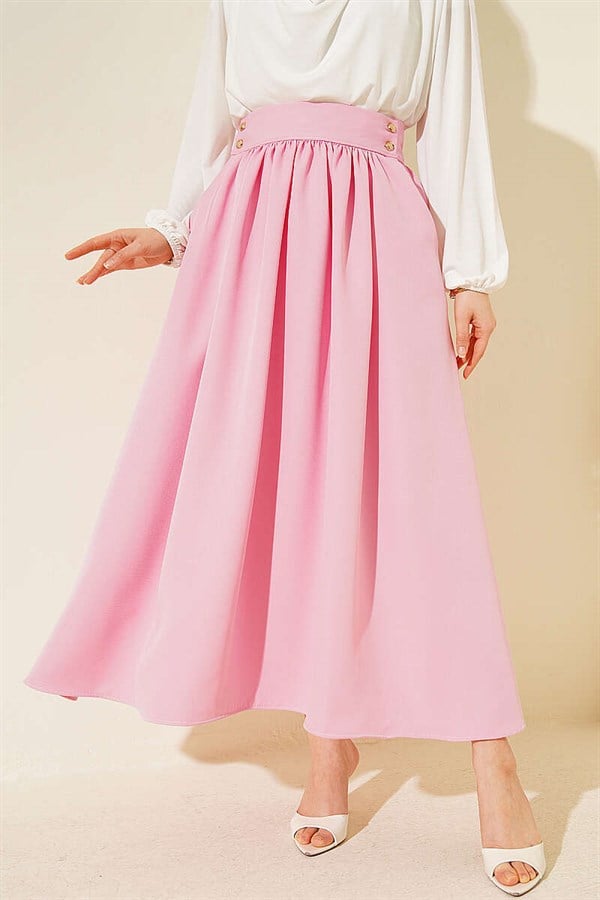 Pink Double Skirt with Gold Buttons and Pockets