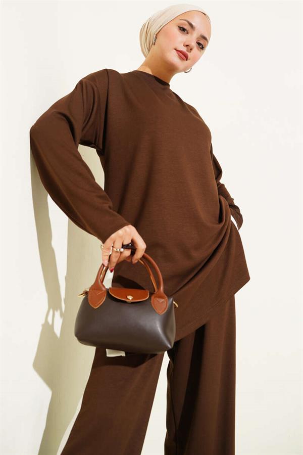Gold Buttoned Garnished Loysha 2 Piece Set Brown