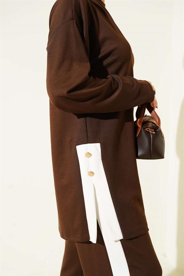 Gold Buttoned Garnished Loysha 2 Piece Set Brown