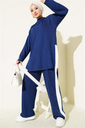 Gold Buttoned Garnished Loysha 2 Piece Set Navy Blue