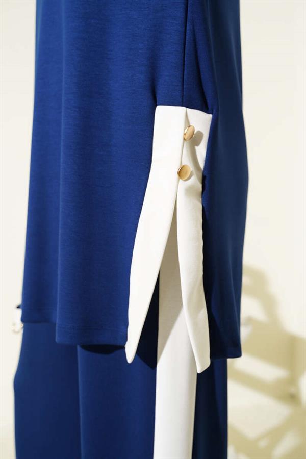 Gold Buttoned Garnished Loysha 2 Piece Set Navy Blue
