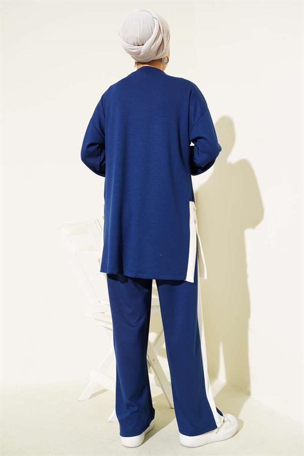 Gold Buttoned Garnished Loysha 2 Piece Set Navy Blue