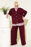 Loose-fitting 2 Piece Set with gold buttons and trim in burgundy.