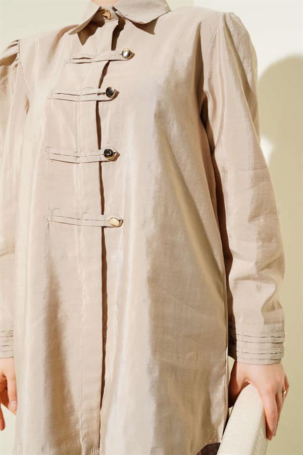 Gold Buttoned Rope Belted Shirt Beige