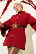 Gold Buttoned Cashmere Poncho Burgundy