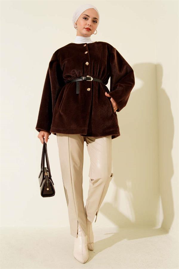Gold Button Belted Goldfox Jacket Brown