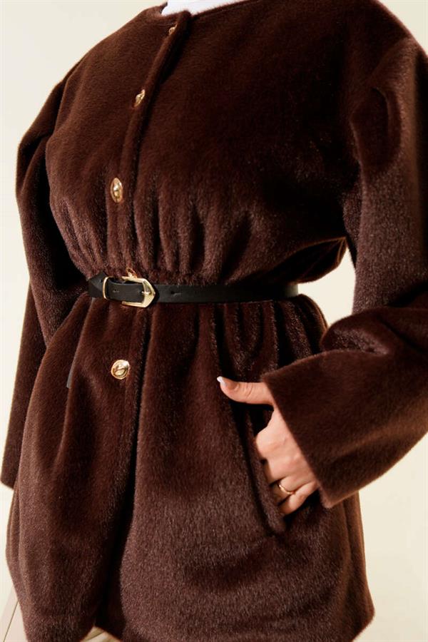 Gold Button Belted Goldfox Jacket Brown
