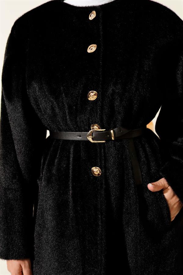 Gold Button Belted Goldfox Jacket Black