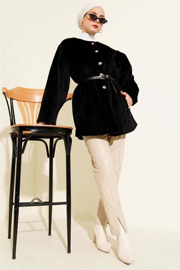 Gold Button Belted Goldfox Jacket Black