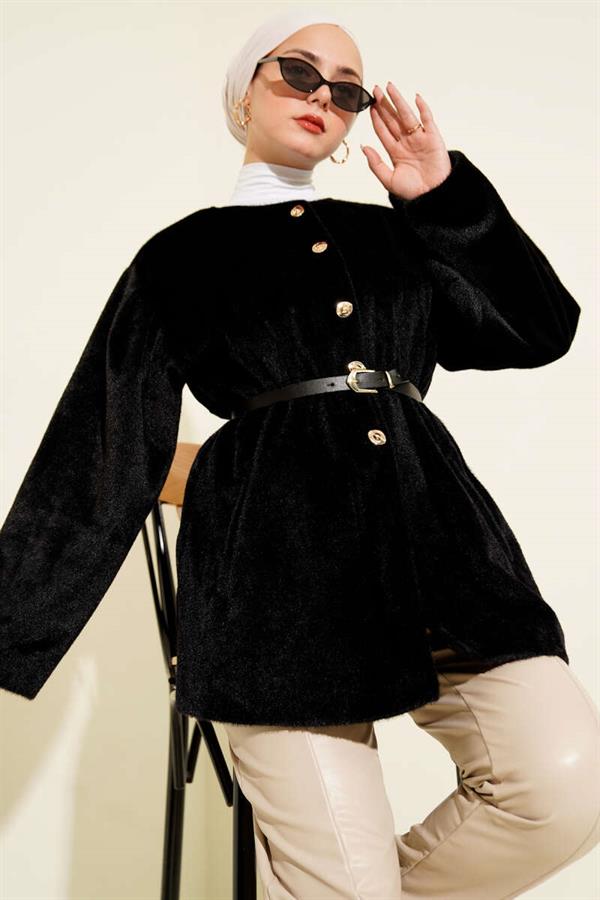 Gold Button Belted Goldfox Jacket Black