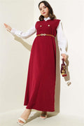 Gold Buttoned Belted Vest Dress Burgundy