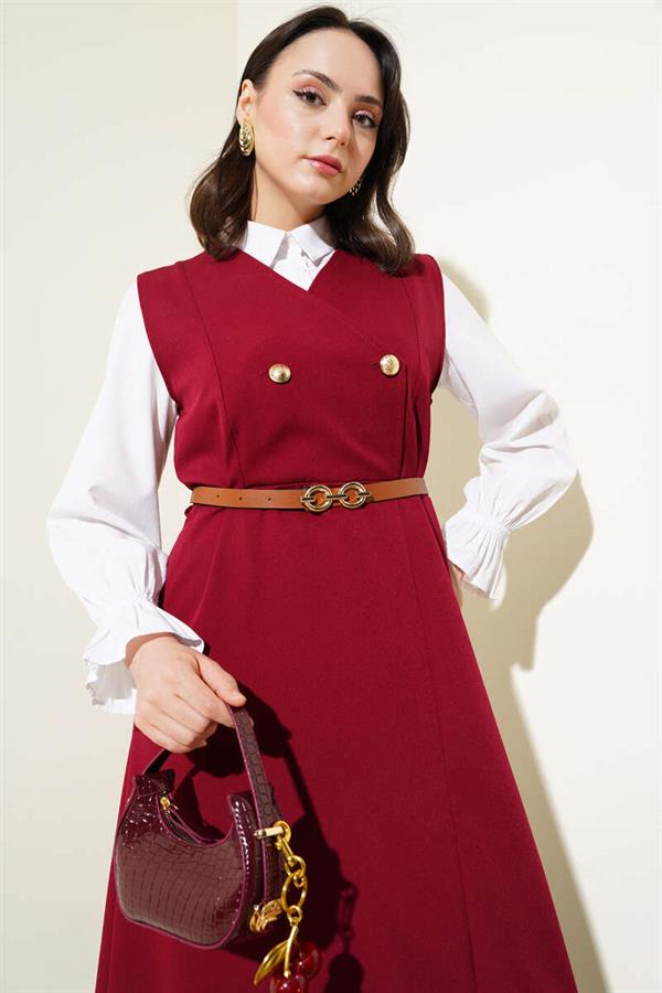 Gold Buttoned Belted Vest Dress Burgundy