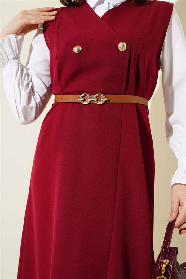 Gold Buttoned Belted Vest Dress Burgundy