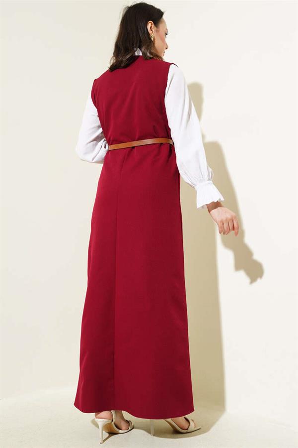 Gold Buttoned Belted Vest Dress Burgundy