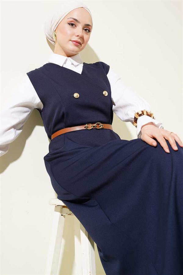 Gold Buttoned Belted Vest Dress Navy Blue