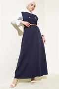 Gold Buttoned Belted Vest Dress Navy Blue
