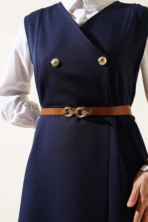 Gold Buttoned Belted Vest Dress Navy Blue
