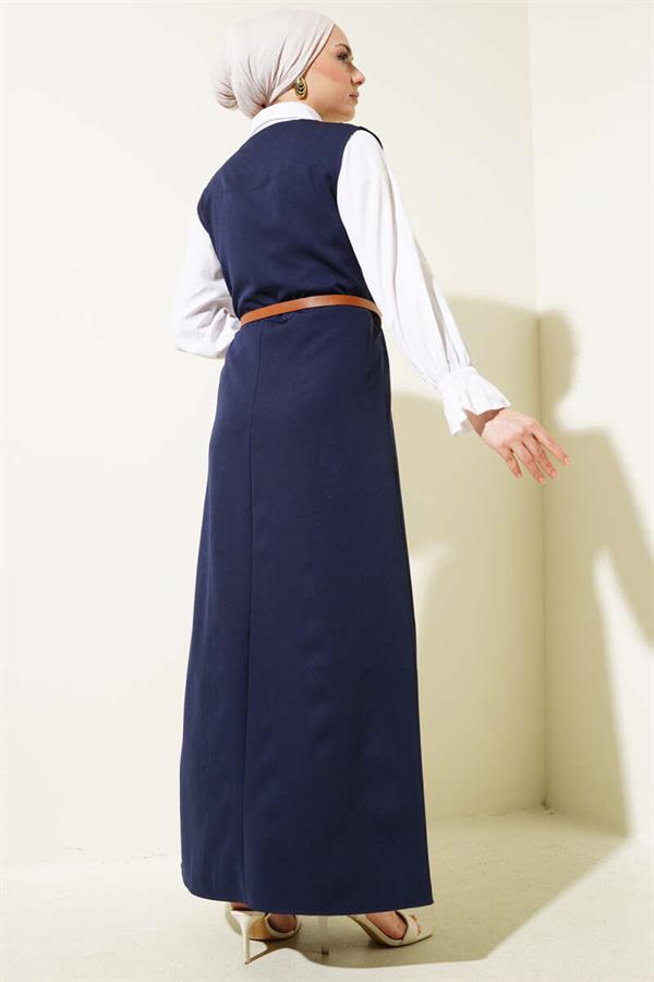 Gold Buttoned Belted Vest Dress Navy Blue