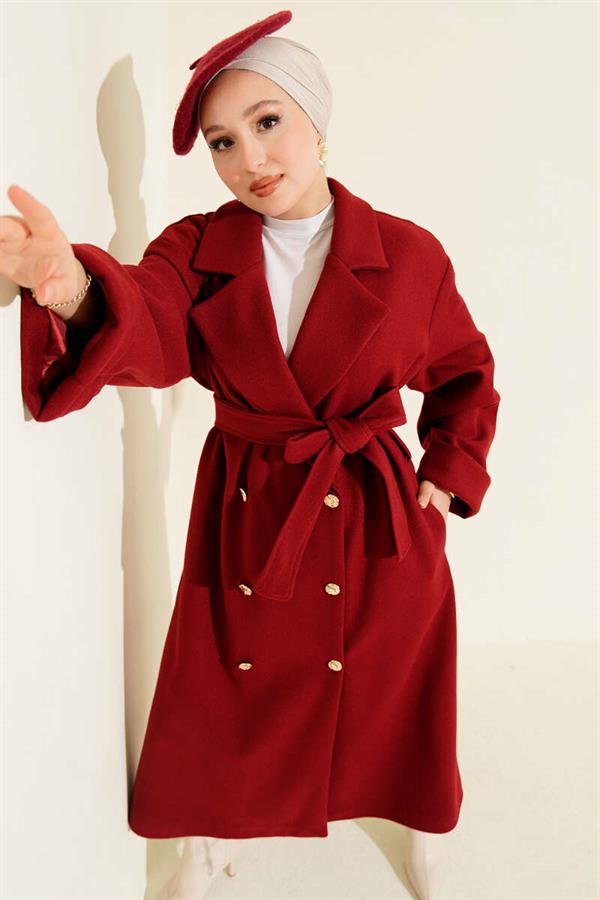 Double-breasted Cashmere Coat with Gold Buttons, Burgundy