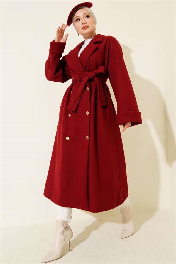 Double-breasted Cashmere Coat with Gold Buttons, Burgundy